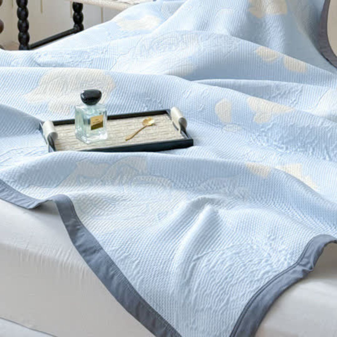Cotton Blanket Reversible Blue Floral Breathable & Machine Washable