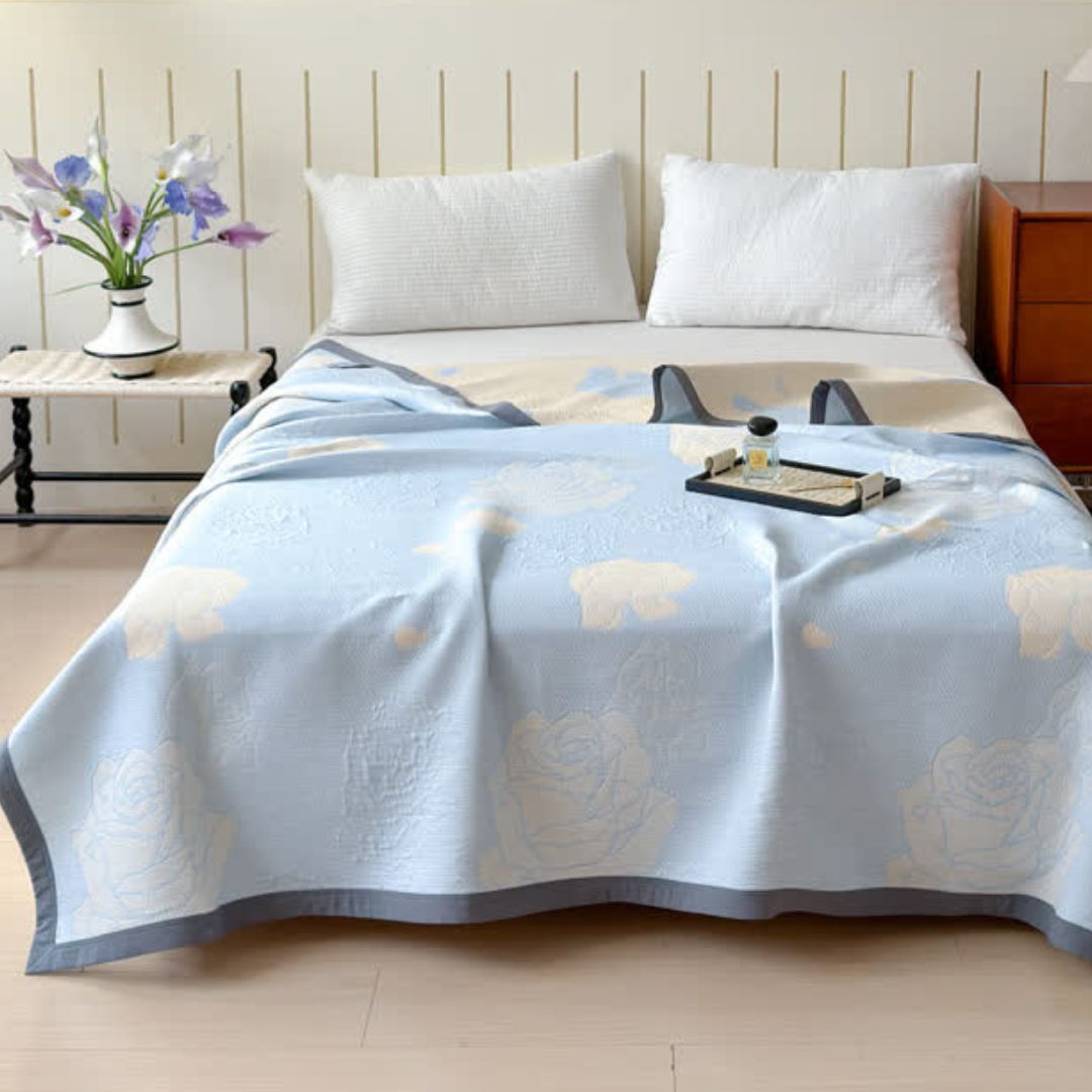 Cotton Blanket Reversible Blue Floral Breathable & Machine Washable