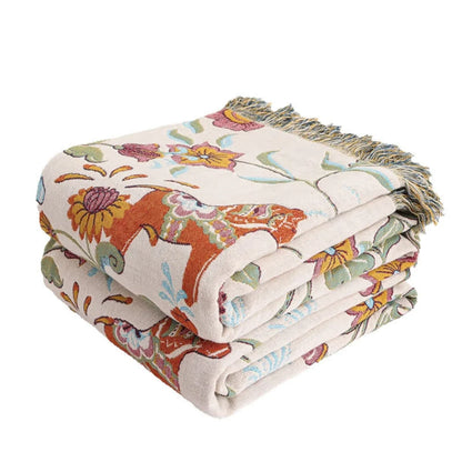 Cotton Blanket Reversible Bohemian Floral Tassel Trim
