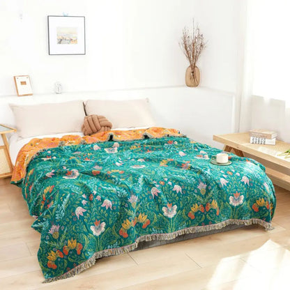 Cotton Blanket Reversible Botanical Design & Tassel Edges