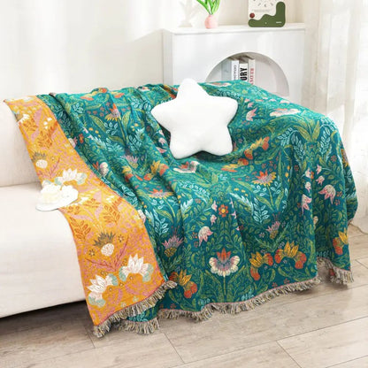 Cotton Blanket Reversible Botanical Design & Tassel Edges