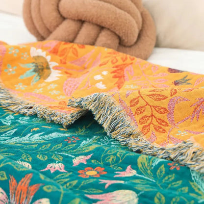 Cotton Blanket Reversible Botanical Design & Tassel Edges