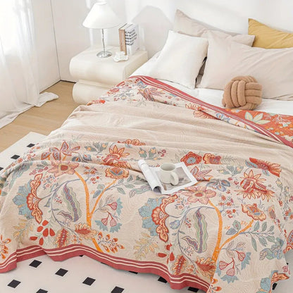 Cotton Blanket Reversible Floral Jacquard All-Season