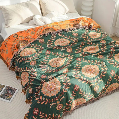 Cotton Blanket Reversible Floral Lightweight Fringe