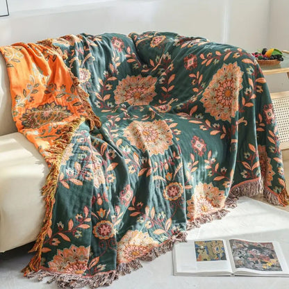 Cotton Blanket Reversible Floral Lightweight Fringe