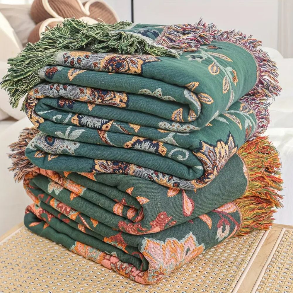 Cotton Blanket Reversible Floral Lightweight Fringe