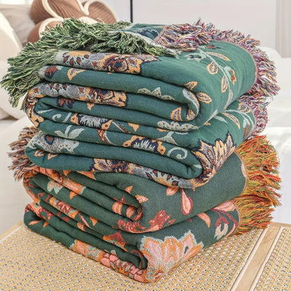 Cotton Blanket Reversible Floral Lightweight Fringe