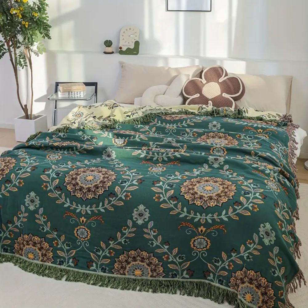 Cotton Blanket Reversible Floral Lightweight Fringe