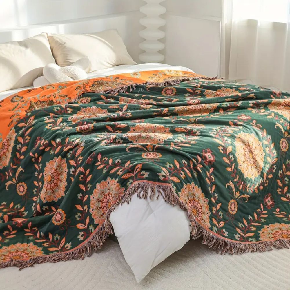 Cotton Blanket Reversible Floral Lightweight Fringe