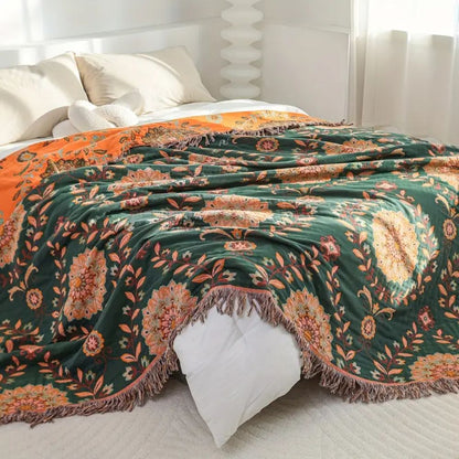 Cotton Blanket Reversible Floral Lightweight Fringe
