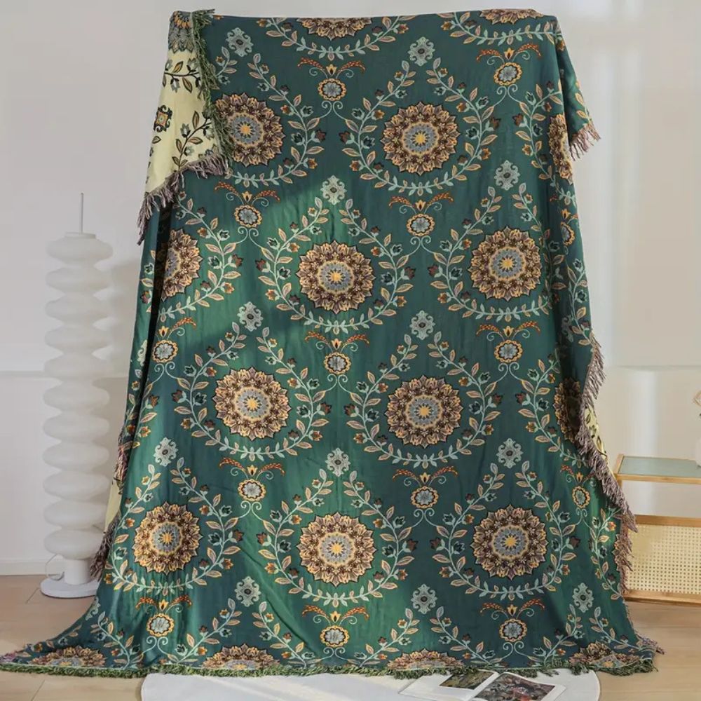 Cotton Blanket Reversible Floral Lightweight Fringe