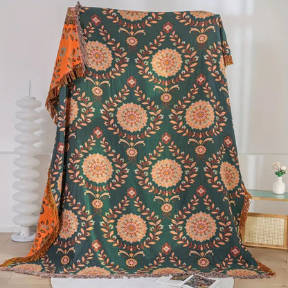 Cotton Blanket Reversible Floral Lightweight Fringe