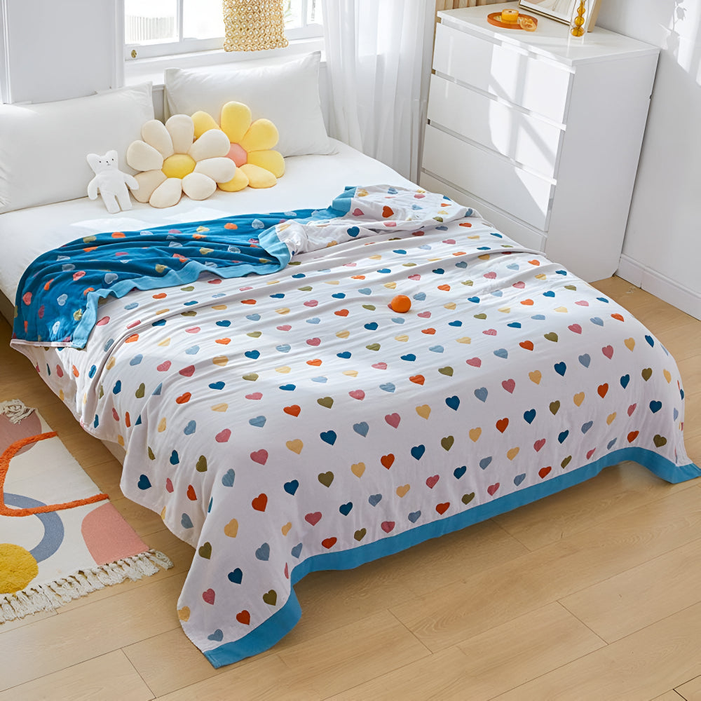 Cotton Blanket Reversible Heart Print Lightweight & Breathable