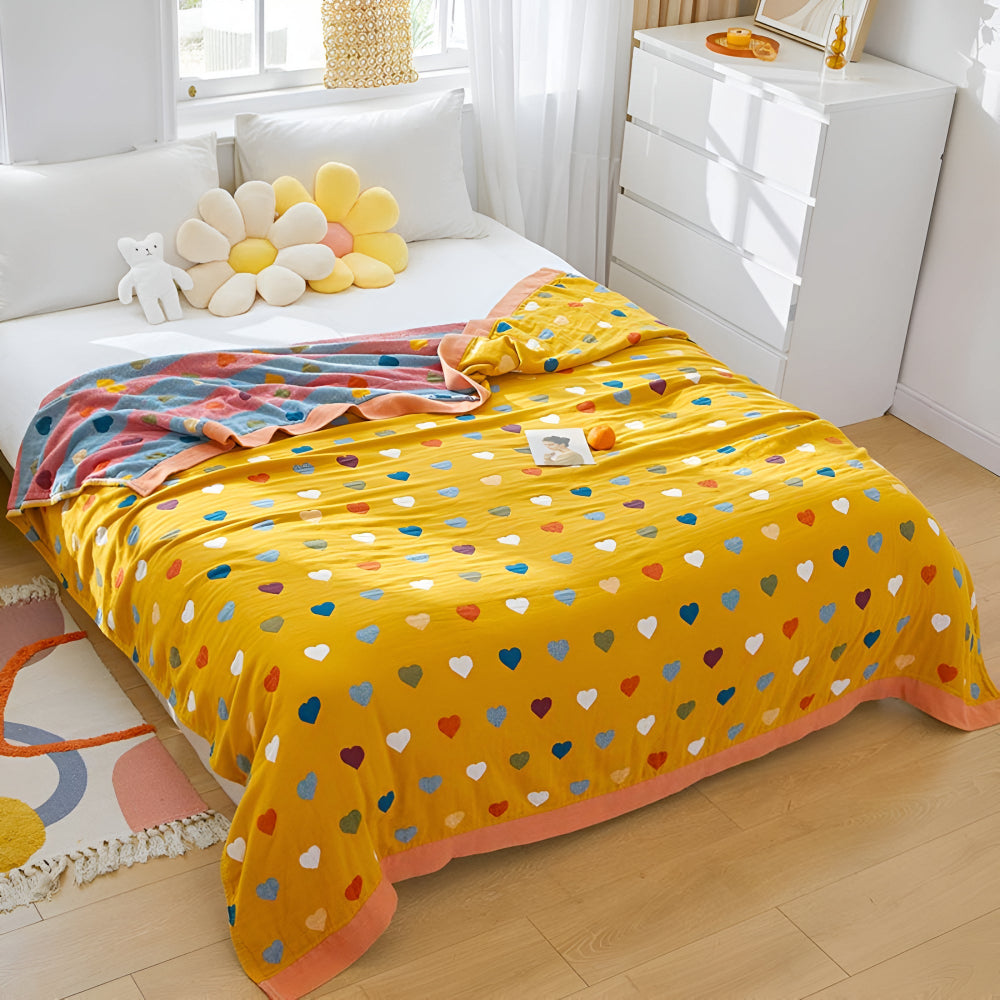 Cotton Blanket Reversible Heart Print Lightweight & Breathable