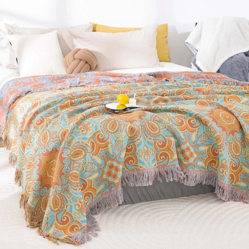 Cotton Blanket Reversible Paisley Tassel Trim All-Season