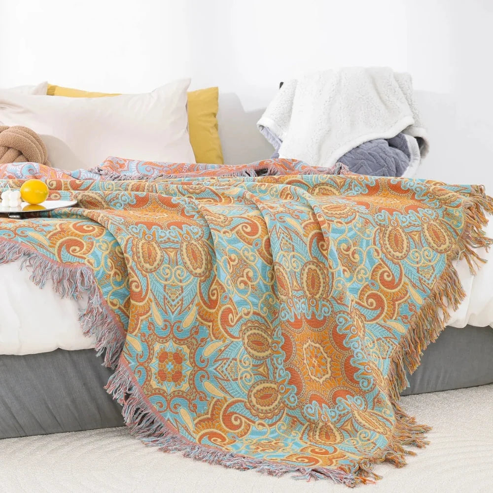 Cotton Blanket Reversible Paisley Tassel Trim All-Season