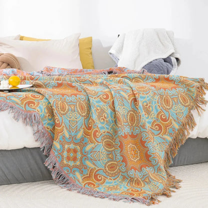 Cotton Blanket Reversible Paisley Tassel Trim All-Season