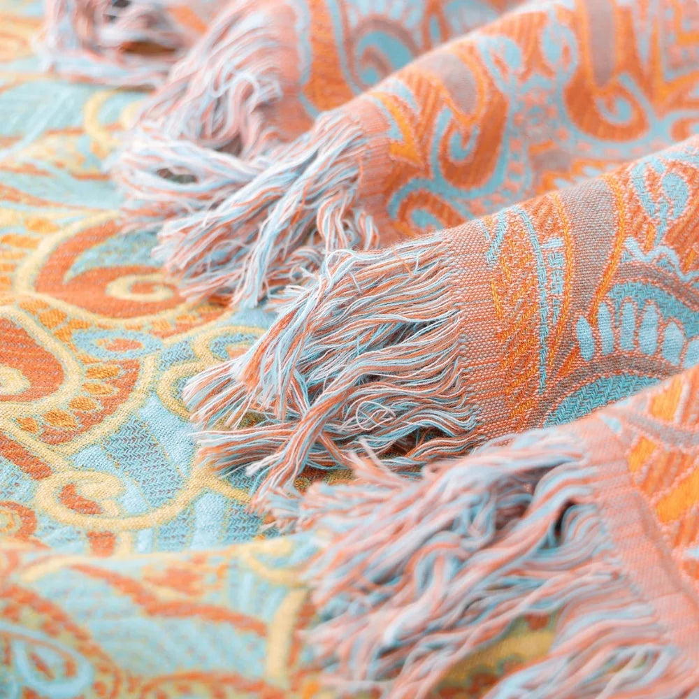 Cotton Blanket Reversible Paisley Tassel Trim All-Season