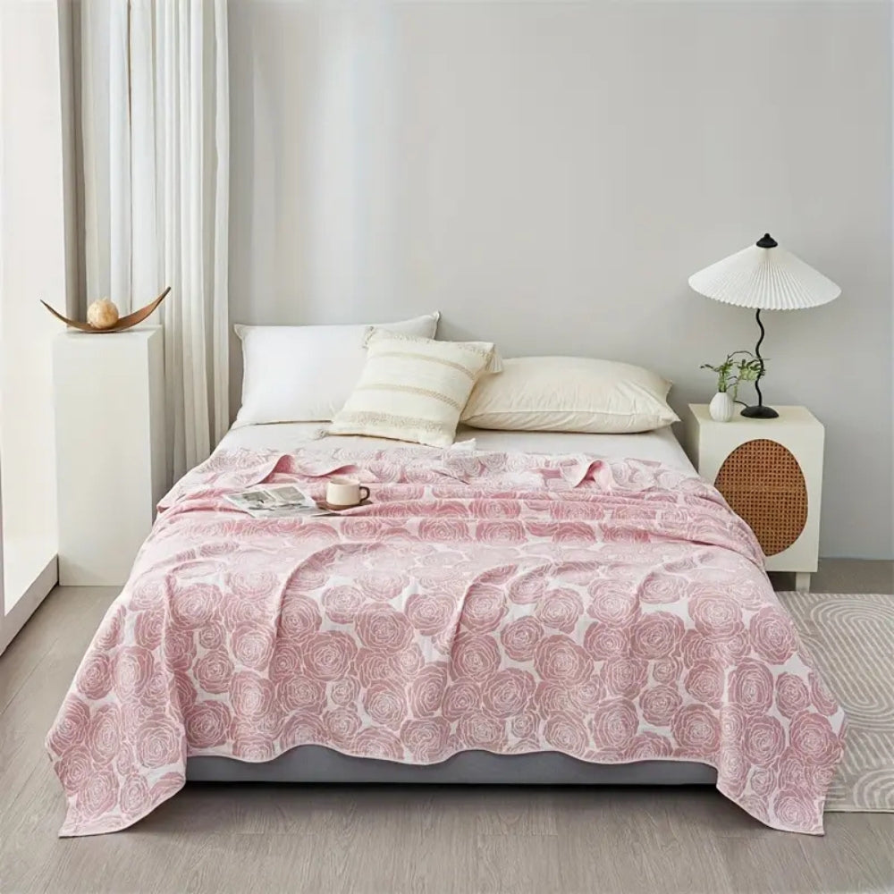 Cotton Blanket Rose Jacquard Lightweight Gauze Machine Washable