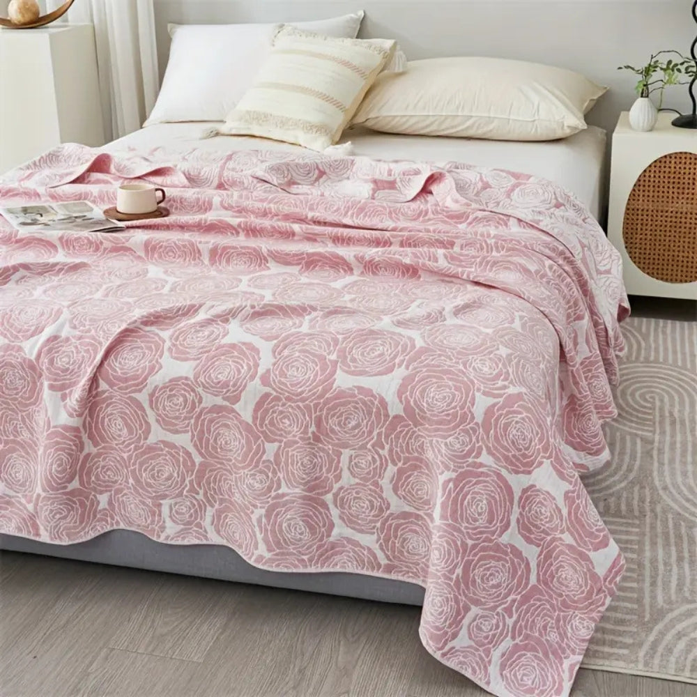 Cotton Blanket Rose Jacquard Lightweight Gauze Machine Washable