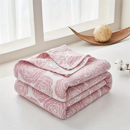 Cotton Blanket Rose Jacquard Lightweight Gauze Machine Washable