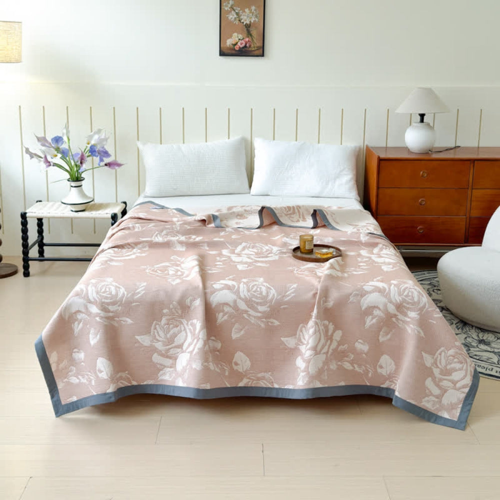 Cotton Blanket Triple-Layer Gauze Rose Print