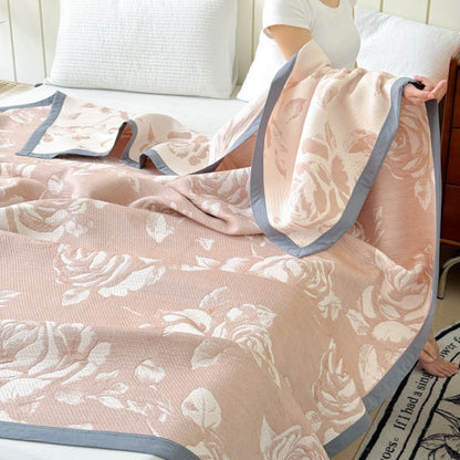 Cotton Blanket Triple-Layer Gauze Rose Print