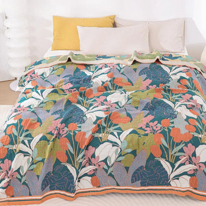 Cotton Gauze Blanket Botanical Print All-Season Machine Washable