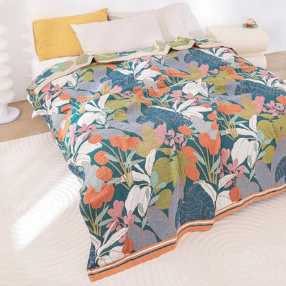 Cotton Gauze Blanket Botanical Print All-Season Machine Washable