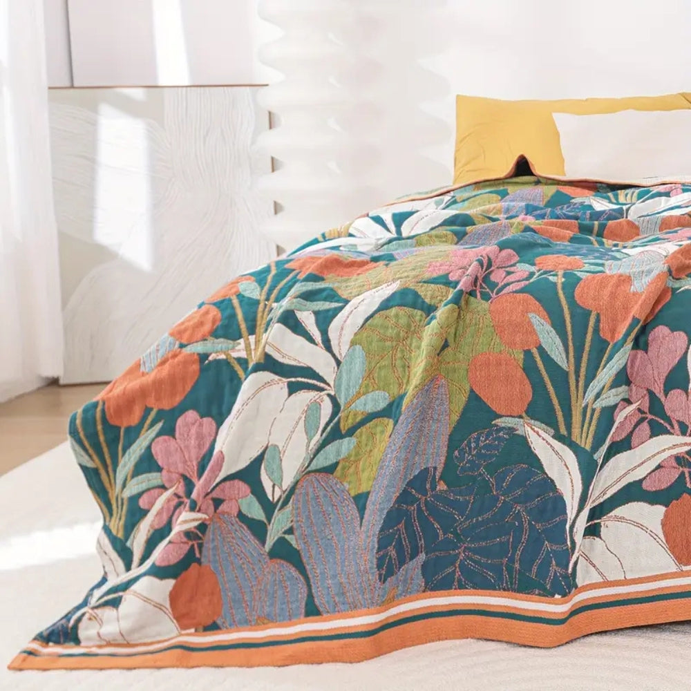 Cotton Gauze Blanket Botanical Print All-Season Machine Washable