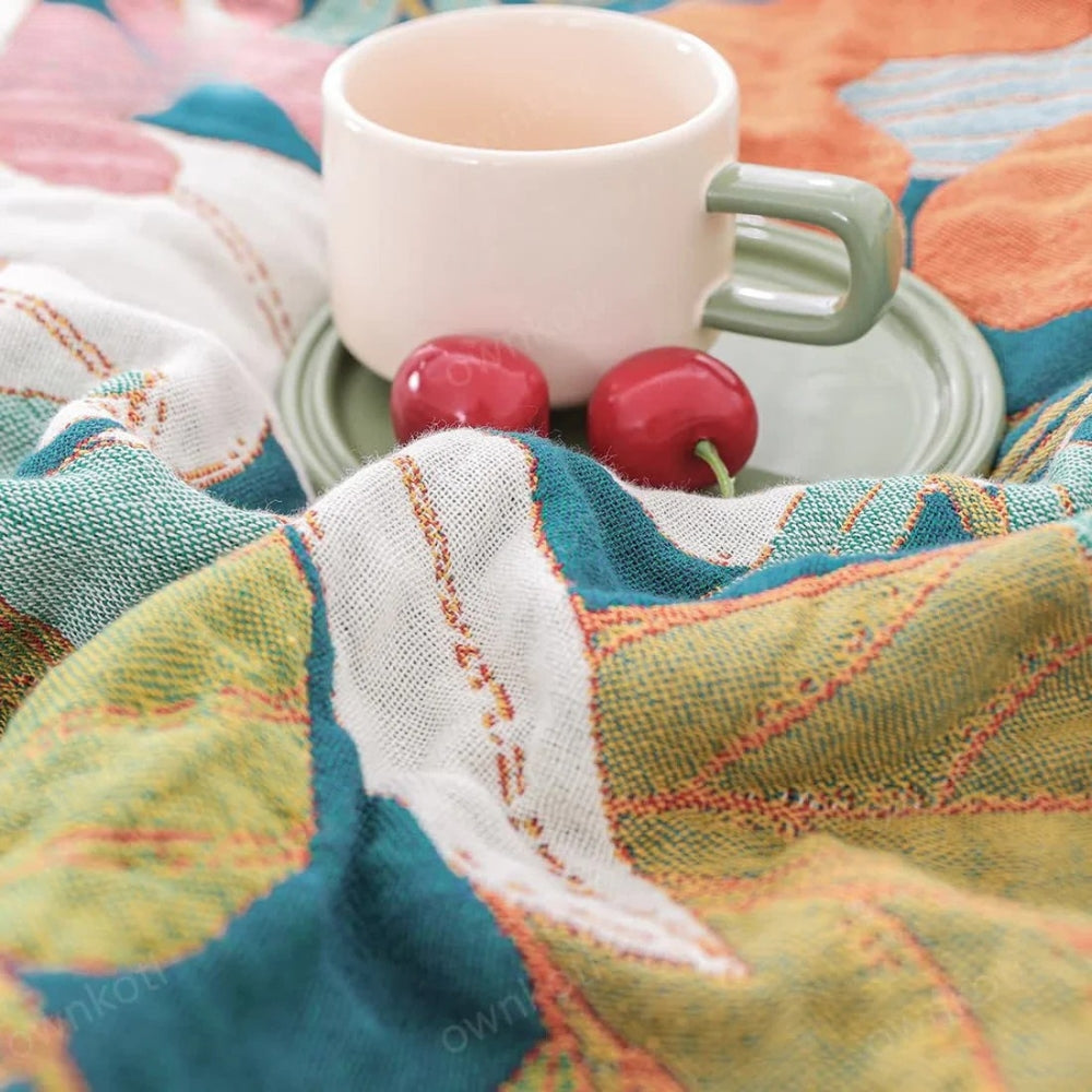 Cotton Gauze Blanket Botanical Print All-Season Machine Washable