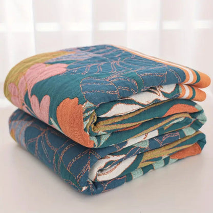 Cotton Gauze Blanket Botanical Print All-Season Machine Washable