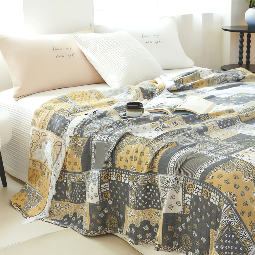 Cotton Gauze Blanket Lightweight Breathable Mosaic Pattern & Tassels