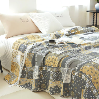 Cotton Gauze Blanket Lightweight Breathable Mosaic Pattern & Tassels