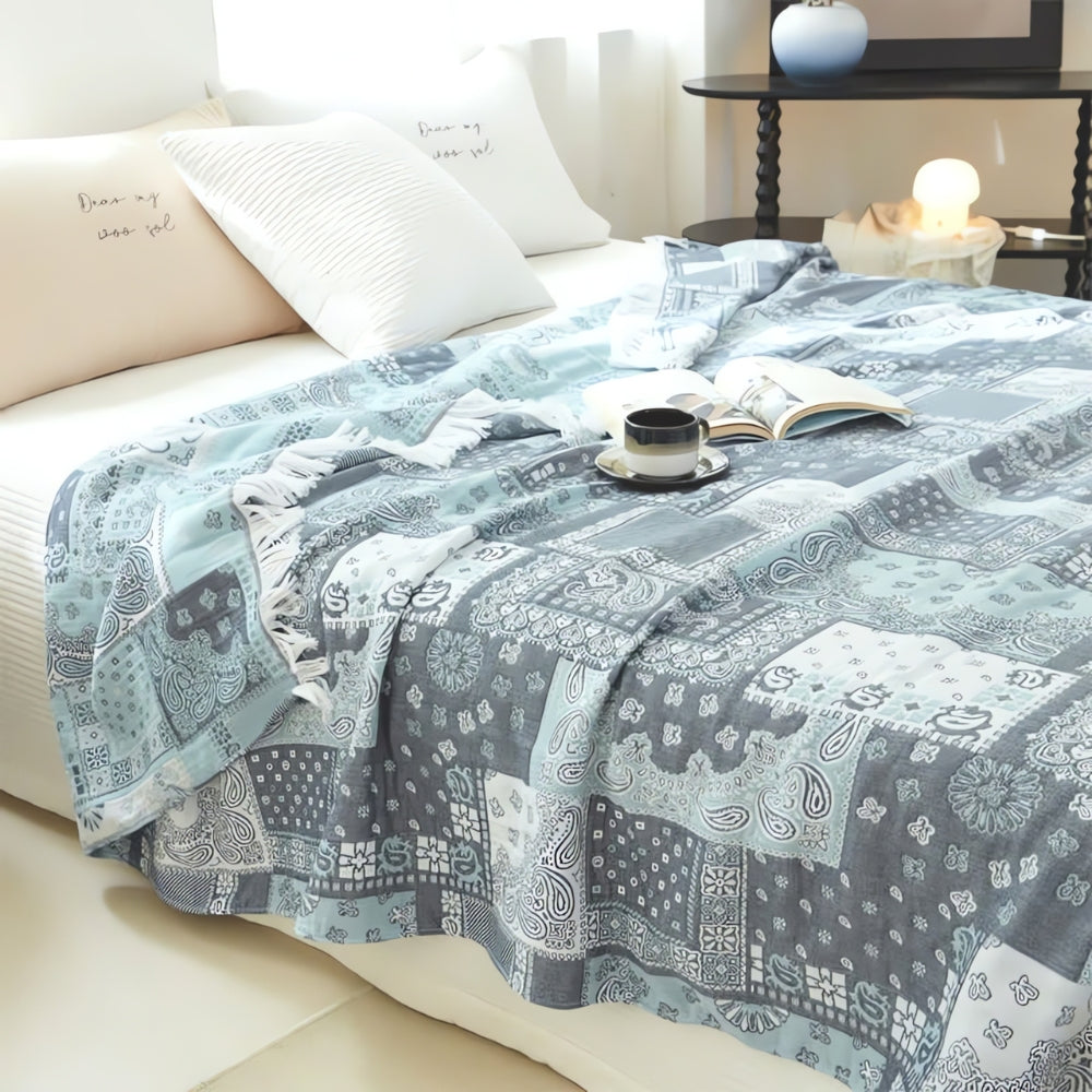 Cotton Gauze Blanket Lightweight Breathable Mosaic Pattern & Tassels