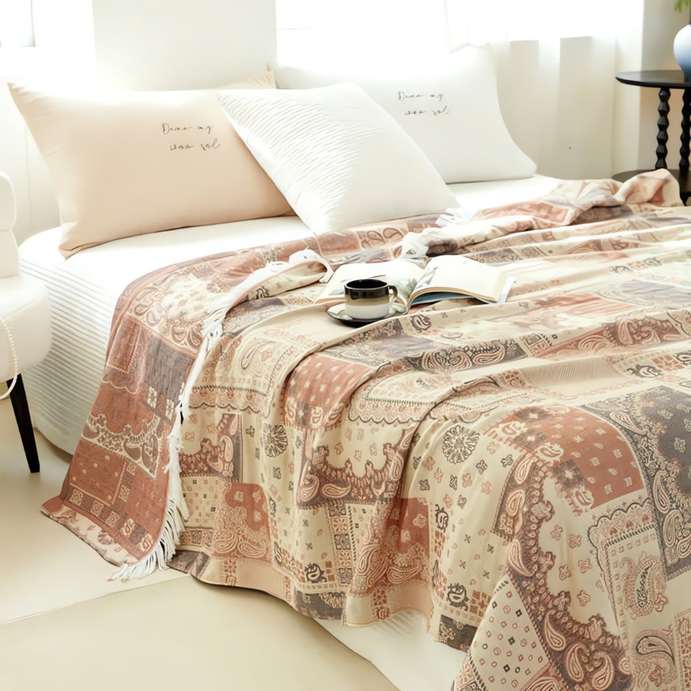 Cotton Gauze Blanket Lightweight Breathable Mosaic Pattern & Tassels