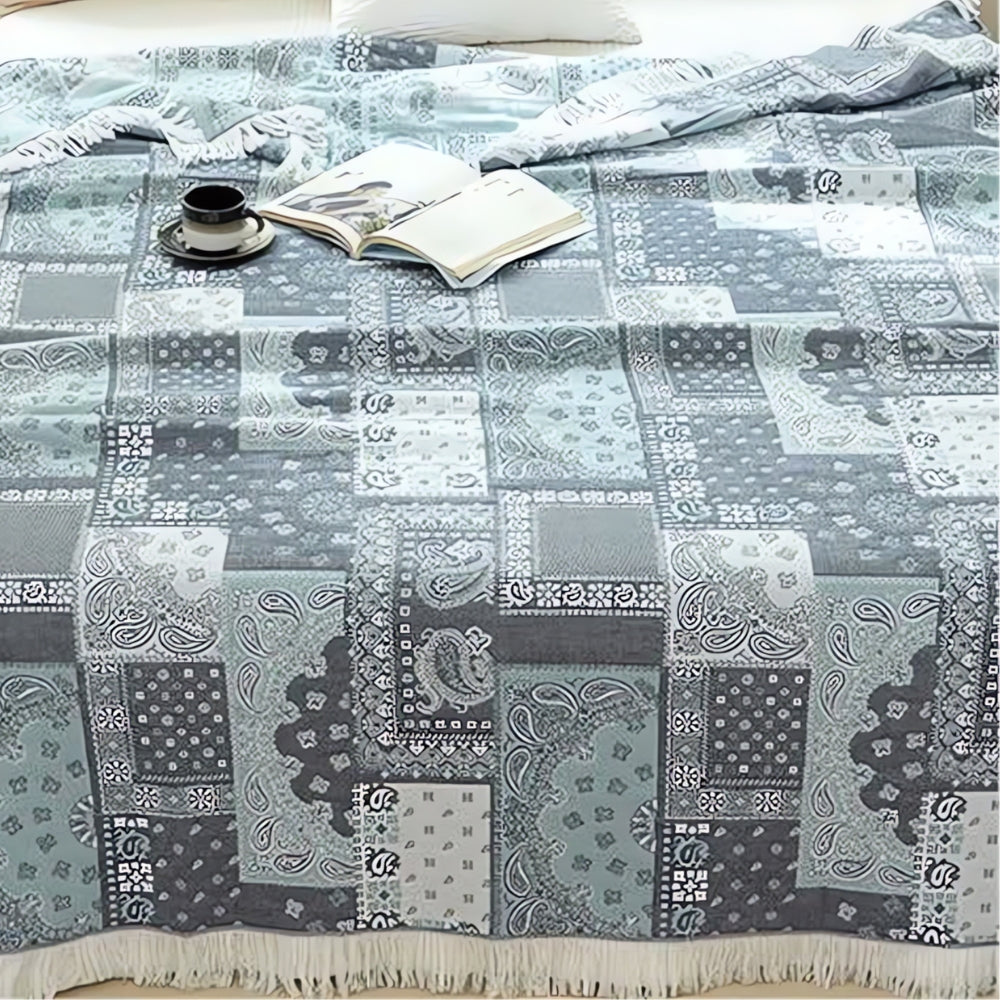 Cotton Gauze Blanket Lightweight Breathable Mosaic Pattern & Tassels