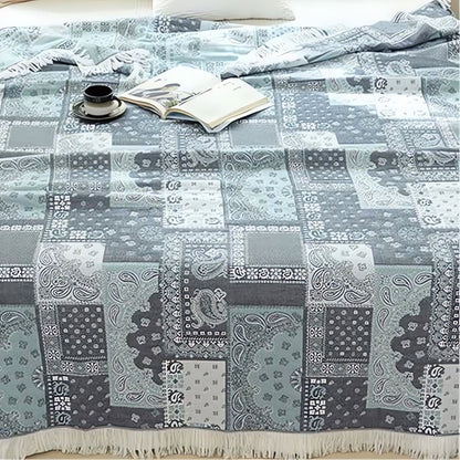 Cotton Gauze Blanket Lightweight Breathable Mosaic Pattern & Tassels