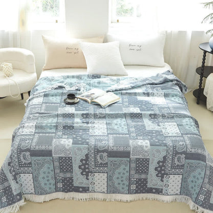 Cotton Gauze Blanket Lightweight Breathable Mosaic Pattern & Tassels