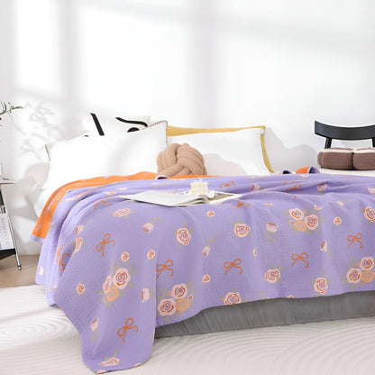 Cotton Gauze Blanket Lightweight Reversible Bow-Knot & Rose Motifs