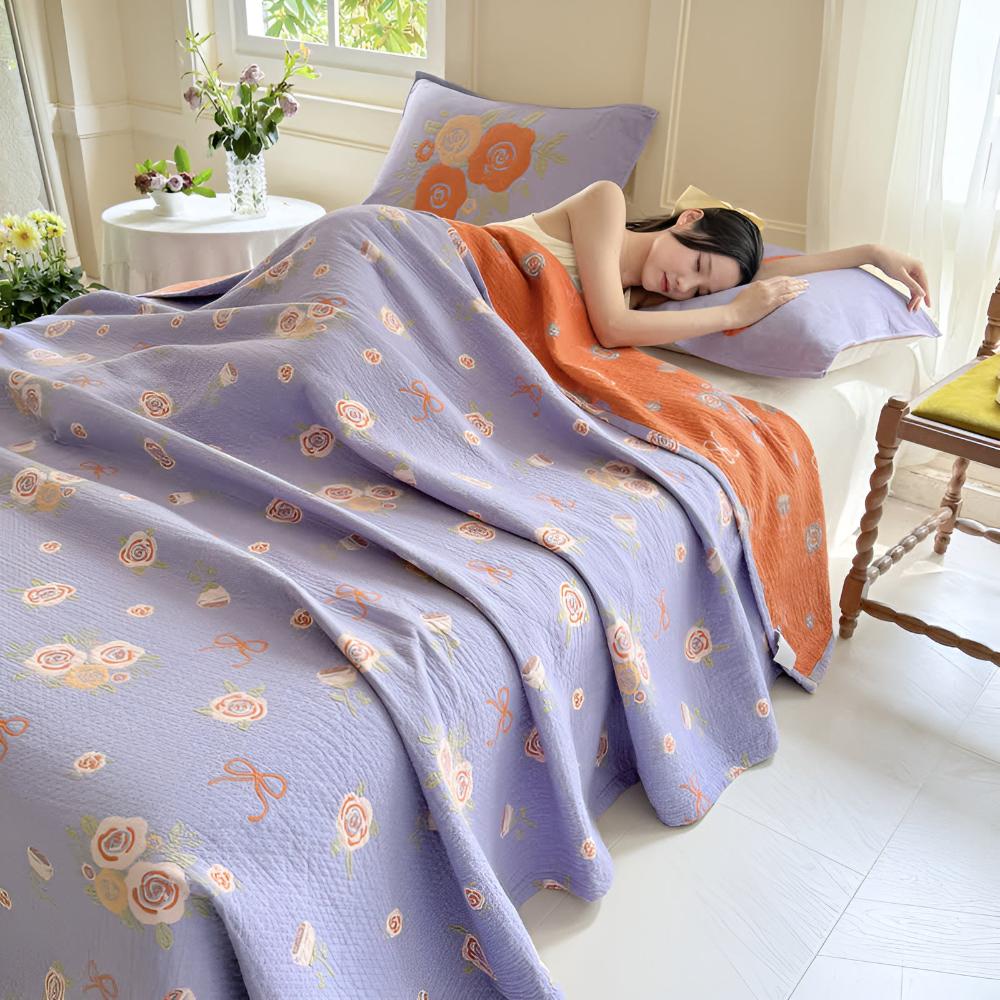 Cotton Gauze Blanket Lightweight Reversible Bow-Knot & Rose Motifs