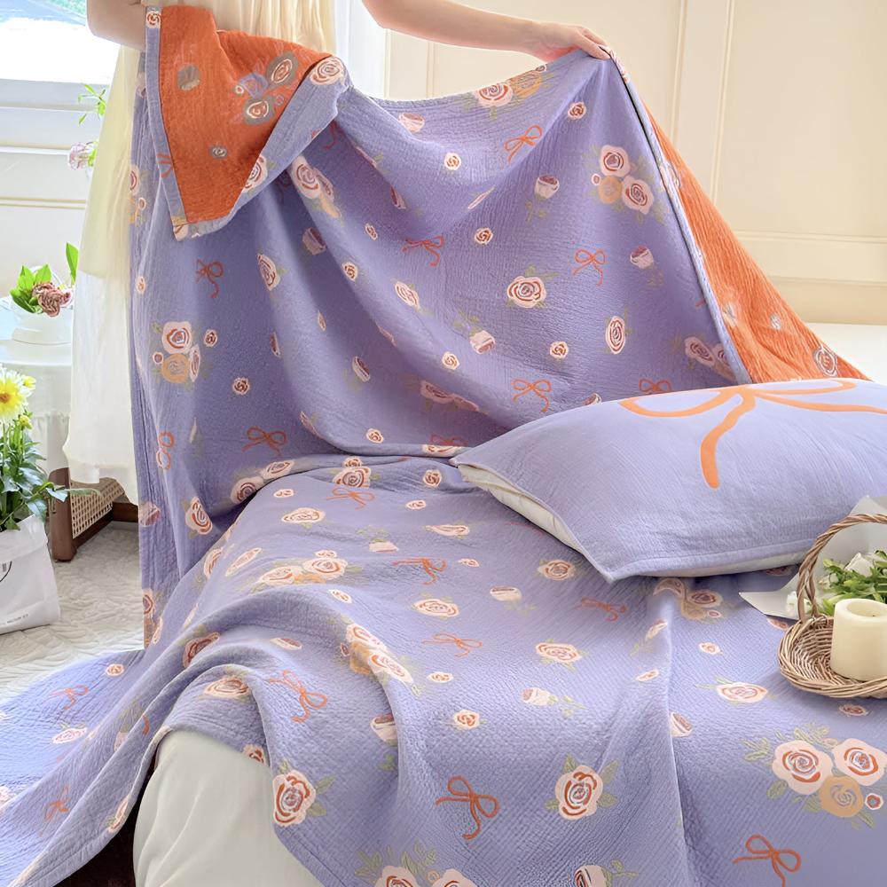 Cotton Gauze Blanket Lightweight Reversible Bow-Knot & Rose Motifs