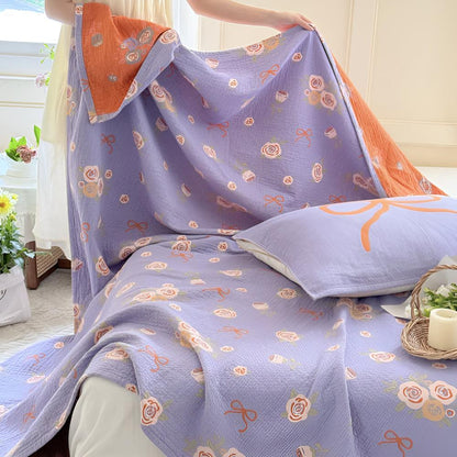 Cotton Gauze Blanket Lightweight Reversible Bow-Knot & Rose Motifs