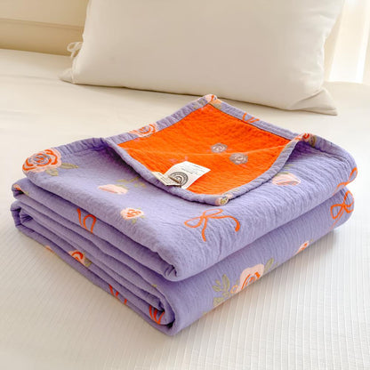 Cotton Gauze Blanket Lightweight Reversible Bow-Knot & Rose Motifs