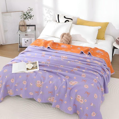 Cotton Gauze Blanket Lightweight Reversible Bow-Knot & Rose Motifs