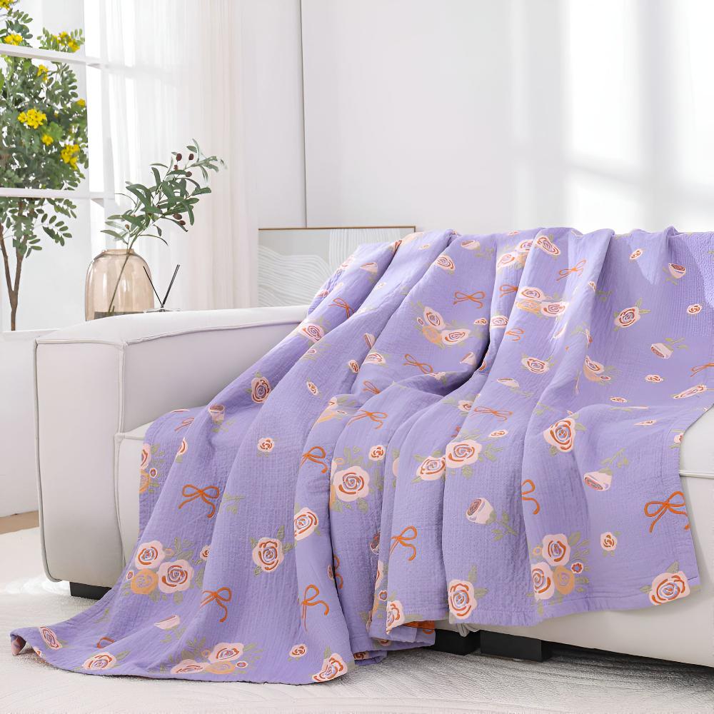 Cotton Gauze Blanket Lightweight Reversible Bow-Knot & Rose Motifs