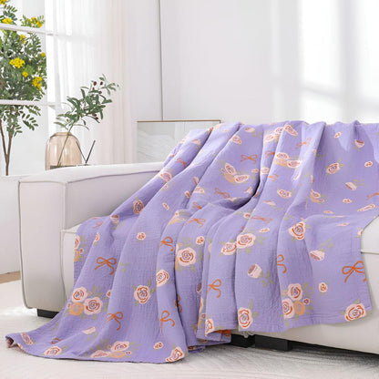 Cotton Gauze Blanket Lightweight Reversible Bow-Knot & Rose Motifs