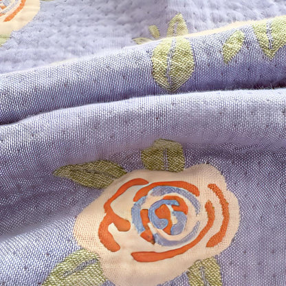 Cotton Gauze Blanket Lightweight Reversible Bow-Knot & Rose Motifs