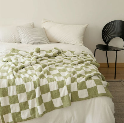 Cotton Knit Throw Blanket Checkerboard Pattern Soft Texture