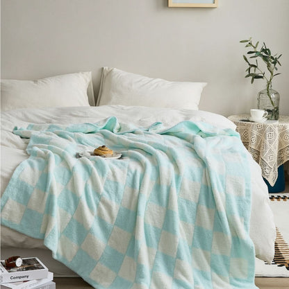 Cotton Knit Throw Blanket Checkerboard Pattern Soft Texture